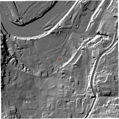Shaded relief map of the ground around LA11NS, computed from Environment Agency LiDAR. The ground here sits at about 7 m above sea level and falls 37 m across the surrounding 800 m. Surface water reaching this point runs off ground lying to the south-east, 16.4 m higher.