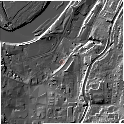 Shaded relief map of the ground around LA11NW, computed from Environment Agency LiDAR. The ground here sits at about 7 m above sea level and falls 42 m across the surrounding 800 m. Surface water reaching this point runs off ground lying to the south-south-east, 16.3 m higher.