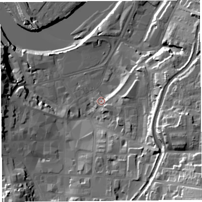 Shaded relief map of the ground around LA11NX, computed from Environment Agency LiDAR. The ground here sits at about 9 m above sea level and falls 40 m across the surrounding 800 m. Surface water reaching this point runs off ground lying to the south-east, 16.1 m higher.