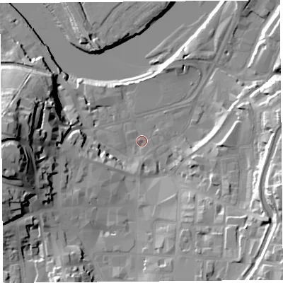 Shaded relief map of the ground around LA11NZ, computed from Environment Agency LiDAR. The ground here sits at about 7 m above sea level and falls 38 m across the surrounding 800 m. Surface water reaching this point runs off ground lying to the west, 31.8 m higher.