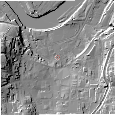 Shaded relief map of the ground around LA11PA, computed from Environment Agency LiDAR. The ground here sits at about 7 m above sea level and falls 38 m across the surrounding 800 m. Surface water reaching this point runs off ground lying to the west, 31.1 m higher.