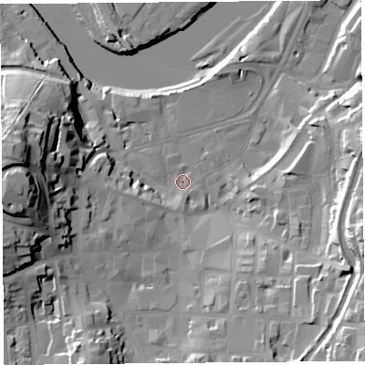 Shaded relief map of the ground around LA11PB, computed from Environment Agency LiDAR. The ground here sits at about 7 m above sea level and falls 38 m across the surrounding 800 m. Surface water reaching this point runs off ground lying to the west, 32.4 m higher.