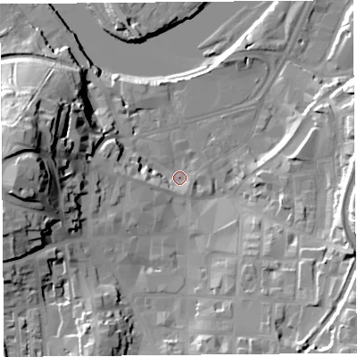 Shaded relief map of the ground around LA11PD, computed from Environment Agency LiDAR. The ground here sits at about 7 m above sea level and falls 38 m across the surrounding 800 m. Surface water reaching this point runs off ground lying to the west, 32.4 m higher.