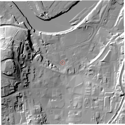 Shaded relief map of the ground around LA11PS, computed from Environment Agency LiDAR. The ground here sits at about 6 m above sea level and falls 38 m across the surrounding 800 m. Surface water reaching this point runs off ground lying to the west, 32.4 m higher.