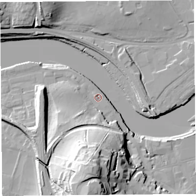 Shaded relief map of the ground around LA11RB, computed from Environment Agency LiDAR. The ground here sits at about 7 m above sea level and falls 38 m across the surrounding 800 m. Surface water reaching this point runs off ground lying to the south-west, 10.5 m higher.