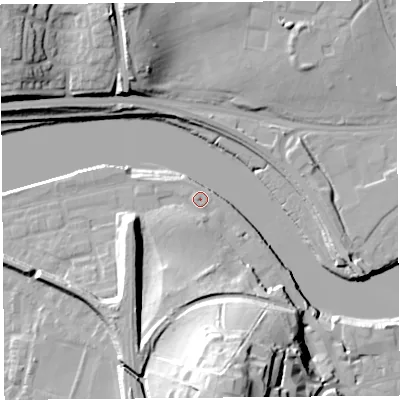 Shaded relief map of the ground around LA11RD, computed from Environment Agency LiDAR. The ground here sits at about 7 m above sea level and falls 38 m across the surrounding 800 m. Surface water reaching this point runs off ground lying to the south-south-west, 4.5 m higher.