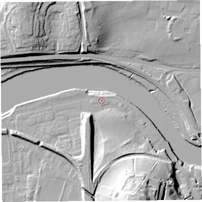 Shaded relief map of the ground around LA11SA, computed from Environment Agency LiDAR. The ground here sits at about 7 m above sea level and falls 37 m across the surrounding 800 m. Surface water reaching this point runs off ground lying to the south-east, 3.6 m higher.