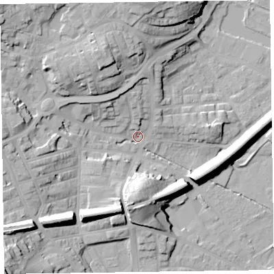 Shaded relief map of the ground around LA120AQ, computed from Environment Agency LiDAR. The ground here sits at about 10 m above sea level and falls 30 m across the surrounding 800 m. Surface water reaching this point runs off ground lying to the north-west, 16.9 m higher.