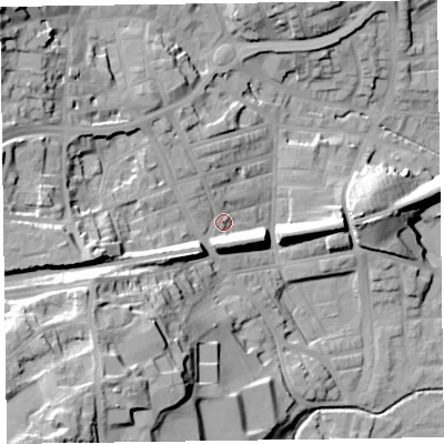 Shaded relief map of the ground around LA120AY, computed from Environment Agency LiDAR. The ground here sits at about 18 m above sea level and falls 35 m across the surrounding 800 m. Surface water reaching this point runs off ground lying to the west-south-west, 17.6 m higher.
