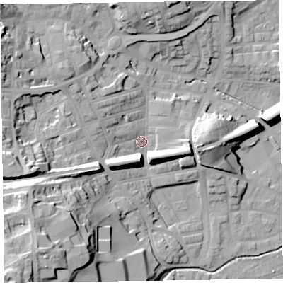 Shaded relief map of the ground around LA120BA, computed from Environment Agency LiDAR. The ground here sits at about 14 m above sea level and falls 36 m across the surrounding 800 m. Surface water reaching this point runs off ground lying to the south-west, 24.0 m higher.