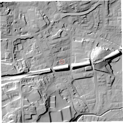 Shaded relief map of the ground around LA120BB, computed from Environment Agency LiDAR. The ground here sits at about 16 m above sea level and falls 36 m across the surrounding 800 m. Surface water reaching this point runs off ground lying to the west-south-west, 18.7 m higher.