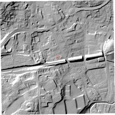 Shaded relief map of the ground around LA120DE, computed from Environment Agency LiDAR. The ground here sits at about 21 m above sea level and falls 37 m across the surrounding 800 m. Surface water reaching this point runs off ground lying to the west-south-west, 9.8 m higher.