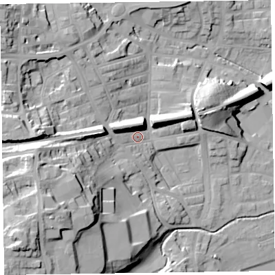 Shaded relief map of the ground around LA120DJ, computed from Environment Agency LiDAR. The ground here sits at about 16 m above sea level and falls 36 m across the surrounding 800 m. Surface water reaching this point runs off ground lying to the west-south-west, 23.2 m higher.