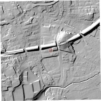 Shaded relief map of the ground around LA120DL, computed from Environment Agency LiDAR. The ground here sits at about 16 m above sea level and falls 34 m across the surrounding 800 m. Surface water reaching this point runs off ground lying to the north-east, 8.7 m higher.