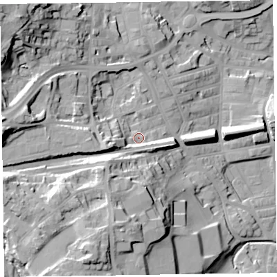 Shaded relief map of the ground around LA120DN, computed from Environment Agency LiDAR. The ground here sits at about 22 m above sea level and falls 36 m across the surrounding 800 m. Surface water reaching this point runs off ground lying to the west-south-west, 8.9 m higher.