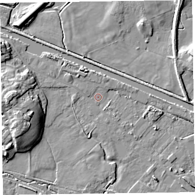 Shaded relief map of the ground around LA120DW, computed from Environment Agency LiDAR. The ground here sits at about 6 m above sea level and falls 13 m across the surrounding 800 m. Surface water reaching this point runs off ground lying to the west, 11.3 m higher.