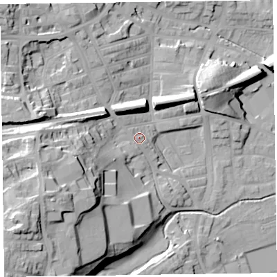 Shaded relief map of the ground around LA120EN, computed from Environment Agency LiDAR. The ground here sits at about 17 m above sea level and falls 36 m across the surrounding 800 m. Surface water reaching this point runs off ground lying to the west-south-west, 18.4 m higher.