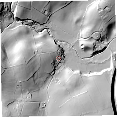 Shaded relief map of the ground around LA120JL, computed from Environment Agency LiDAR. The ground here sits at about 73 m above sea level and falls 54 m across the surrounding 800 m. Surface water reaching this point runs off ground lying to the west, 27.6 m higher.