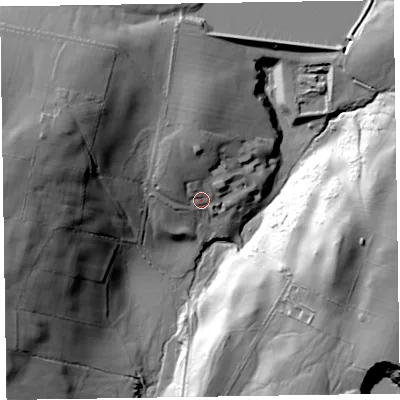 Shaded relief map of the ground around LA120NW, computed from Environment Agency LiDAR. The ground here sits at about 140 m above sea level and falls 60 m across the surrounding 800 m. Surface water reaching this point runs off ground lying to the north, 18.7 m higher.