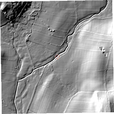 Shaded relief map of the ground around LA120PJ, computed from Environment Agency LiDAR. The ground here sits at about 33 m above sea level and falls 32 m across the surrounding 800 m. Surface water reaching this point runs off ground lying to the east, 22.2 m higher.