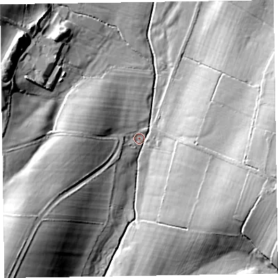 Shaded relief map of the ground around LA120PY, computed from Environment Agency LiDAR. The ground here sits at about 30 m above sea level and falls 23 m across the surrounding 800 m. Surface water reaching this point runs off ground lying to the north-west, 20.2 m higher.