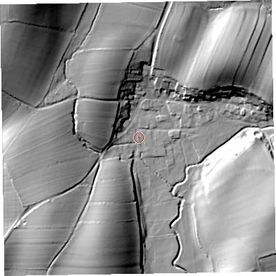 Shaded relief map of the ground around LA120QD, computed from Environment Agency LiDAR. The ground here sits at about 11 m above sea level and falls 44 m across the surrounding 800 m. Surface water reaching this point runs off ground lying to the west-north-west, 13.5 m higher.