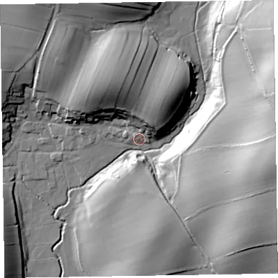 Shaded relief map of the ground around LA120QG, computed from Environment Agency LiDAR. The ground here sits at about 14 m above sea level and falls 47 m across the surrounding 800 m. Surface water reaching this point runs off ground lying to the north-north-east, 17.9 m higher.