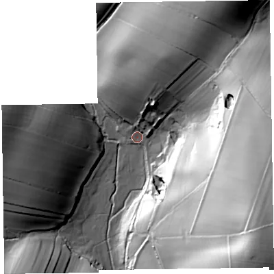 Shaded relief map of the ground around LA120QH, computed from Environment Agency LiDAR. The ground here sits at about 20 m above sea level and falls 73 m across the surrounding 800 m. Surface water reaching this point runs off ground lying to the north-north-east, 10.6 m higher.