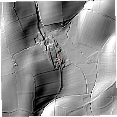 Shaded relief map of the ground around LA120QN, computed from Environment Agency LiDAR. The ground here sits at about 22 m above sea level and falls 50 m across the surrounding 800 m. Surface water reaching this point runs off ground lying to the west-south-west, 33.4 m higher.