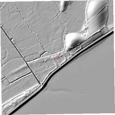 Shaded relief map of the ground around LA120RF, computed from Environment Agency LiDAR. The ground here sits at about 7 m above sea level and falls 11 m across the surrounding 800 m. Surface water reaching this point runs off ground lying to the north-east, 6.7 m higher.