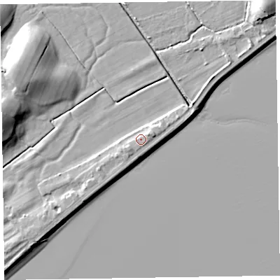 Shaded relief map of the ground around LA120RG, computed from Environment Agency LiDAR. The ground here sits at about 8 m above sea level and falls 14 m across the surrounding 800 m. Surface water reaching this point runs off ground lying to the south-west, 0.9 m higher.