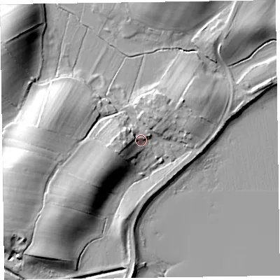 Shaded relief map of the ground around LA120RH, computed from Environment Agency LiDAR. The ground here sits at about 10 m above sea level and falls 20 m across the surrounding 800 m. Surface water reaching this point runs off ground lying to the west, 3.8 m higher.