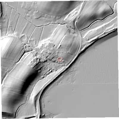 Shaded relief map of the ground around LA120RJ, computed from Environment Agency LiDAR. The ground here sits at about 9 m above sea level and falls 17 m across the surrounding 800 m. Surface water reaching this point runs off ground lying to the north-west, 2.6 m higher.