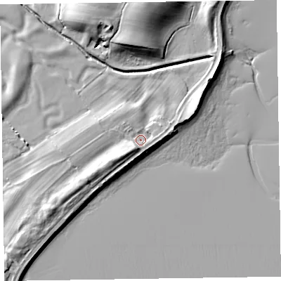 Shaded relief map of the ground around LA120RQ, computed from Environment Agency LiDAR. The ground here sits at about 7 m above sea level and falls 14 m across the surrounding 800 m. Surface water reaching this point runs off ground lying to the south-west, 3.1 m higher.