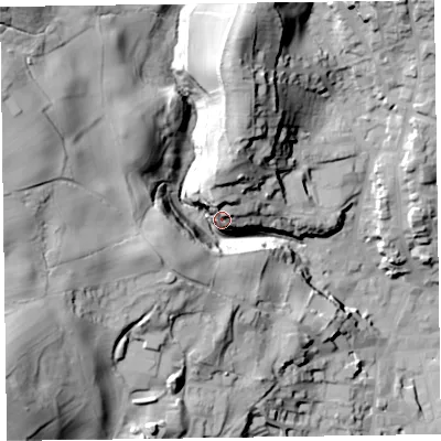 Shaded relief map of the ground around LA127BW, computed from Environment Agency LiDAR. The ground here sits at about 43 m above sea level and falls 56 m across the surrounding 800 m. Surface water reaching this point runs off ground lying to the west-north-west, 45.0 m higher.
