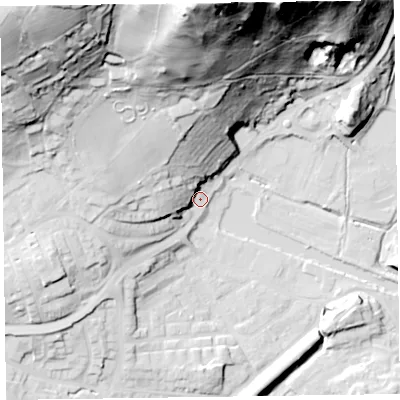 Shaded relief map of the ground around LA127JZ, computed from Environment Agency LiDAR. The ground here sits at about 9 m above sea level and falls 97 m across the surrounding 800 m. Surface water reaching this point runs off ground lying to the north, 81.4 m higher.