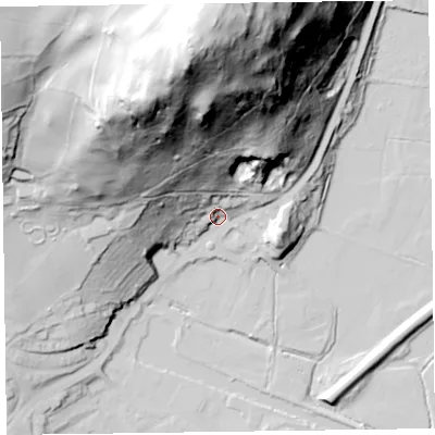 Shaded relief map of the ground around LA127LA, computed from Environment Agency LiDAR. The ground here sits at about 11 m above sea level and falls 129 m across the surrounding 800 m. Surface water reaching this point runs off ground lying to the north, 123.7 m higher.