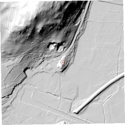 Shaded relief map of the ground around LA127LB, computed from Environment Agency LiDAR. The ground here sits at about 20 m above sea level and falls 129 m across the surrounding 800 m. Surface water reaching this point runs off ground lying to the south, 8.7 m higher.