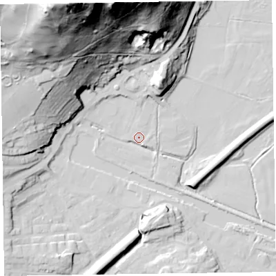 Shaded relief map of the ground around LA127LY, computed from Environment Agency LiDAR. The ground here sits at about 6 m above sea level and falls 98 m across the surrounding 800 m. Surface water reaching this point runs off ground lying to the north-north-west, 97.7 m higher.