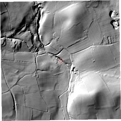 Shaded relief map of the ground around LA127NR, computed from Environment Agency LiDAR. The ground here sits at about 68 m above sea level and falls 80 m across the surrounding 800 m. Surface water reaching this point runs off ground lying to the north-west, 68.2 m higher.
