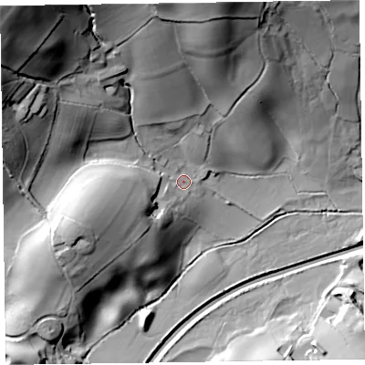 Shaded relief map of the ground around LA127NU, computed from Environment Agency LiDAR. The ground here sits at about 61 m above sea level and falls 79 m across the surrounding 800 m. Surface water reaching this point runs off ground lying to the north-west, 67.4 m higher.