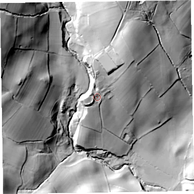 Shaded relief map of the ground around LA127NX, computed from Environment Agency LiDAR. The ground here sits at about 110 m above sea level and falls 117 m across the surrounding 800 m. Surface water reaching this point runs off ground lying to the north, 9.1 m higher.
