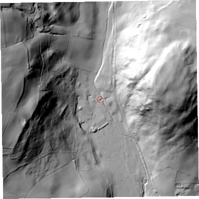 Shaded relief map of the ground around LA127PA, computed from Environment Agency LiDAR. The ground here sits at about 64 m above sea level and falls 105 m across the surrounding 800 m. Surface water reaching this point runs off ground lying to the west, 92.5 m higher.
