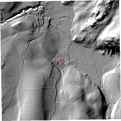 Shaded relief map of the ground around LA127PG, computed from Environment Agency LiDAR. The ground here sits at about 89 m above sea level and falls 60 m across the surrounding 800 m. Surface water reaching this point runs off ground lying to the west, 8.8 m higher.