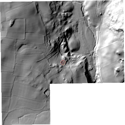 Shaded relief map of the ground around LA127PY, computed from Environment Agency LiDAR. The ground here sits at about 70 m above sea level and falls 76 m across the surrounding 800 m. Surface water reaching this point runs off ground lying to the west-south-west, 13.2 m higher.