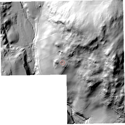 Shaded relief map of the ground around LA127QB, computed from Environment Agency LiDAR. The ground here sits at about 79 m above sea level and falls 135 m across the surrounding 800 m. Surface water reaching this point runs off ground lying to the north-east, 46.5 m higher.