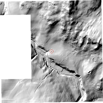 Shaded relief map of the ground around LA127QD, computed from Environment Agency LiDAR. The ground here sits at about 43 m above sea level and falls 137 m across the surrounding 800 m. Surface water reaching this point runs off ground lying to the north-north-east, 110.0 m higher.