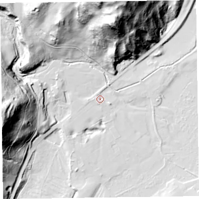 Shaded relief map of the ground around LA127QF, computed from Environment Agency LiDAR. The ground here sits at about 9 m above sea level and falls 99 m across the surrounding 800 m. Surface water reaching this point runs off ground lying to the west, 2.3 m higher.