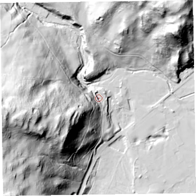Shaded relief map of the ground around LA127QG, computed from Environment Agency LiDAR. The ground here sits at about 19 m above sea level and falls 112 m across the surrounding 800 m. Surface water reaching this point runs off ground lying to the west-south-west, 68.8 m higher.