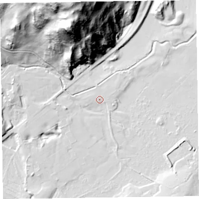 Shaded relief map of the ground around LA127QH, computed from Environment Agency LiDAR. The ground here sits at about 7 m above sea level and falls 102 m across the surrounding 800 m. Surface water reaching this point runs off ground lying to the west, 4.9 m higher.
